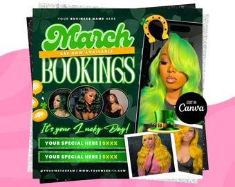 Boekingsflyer maart, St.Patricks Day-flyer, maart Books, March Madness-flyer, maart Boek nu, maart Hair, March Lashes Nails Braid MUA-flyer