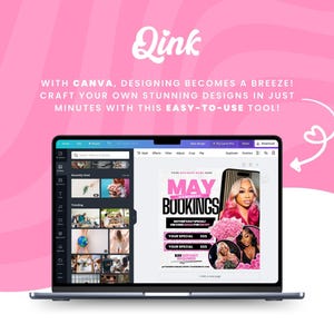 May include: A laptop computer displaying a Canva design template for a business. The design features a pink background with the text "MAY BOOKINGS" and a photo of a woman with long hair. The design also includes a price list for different services.