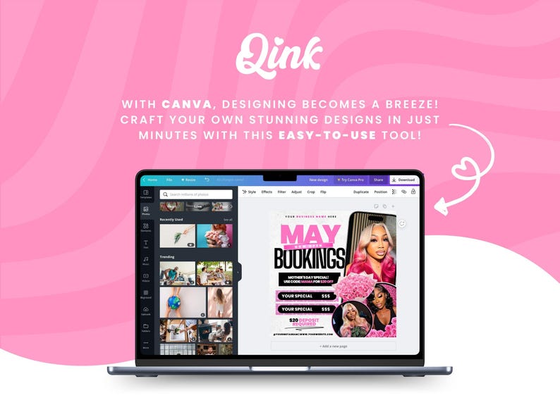 May include: A laptop computer displaying a Canva design template for a business. The design features a pink background with the text "MAY BOOKINGS" and a photo of a woman with long hair. The design also includes a price list for different services.