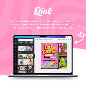 May include: A laptop screen displaying the Canva design platform with a pink and green graphic design for "Lucky Charms March Bookings" with the text "You're in luck!" and two special offers.
