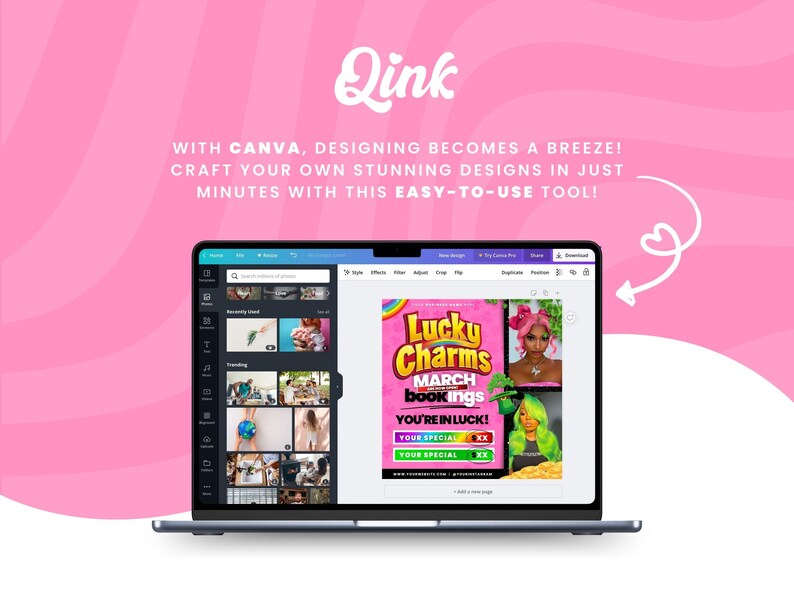 May include: A laptop screen displaying the Canva design platform with a pink and green graphic design for "Lucky Charms March Bookings" with the text "You're in luck!" and two special offers.