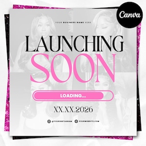 Könnte beinhalten: Werbegrafik mit hellgrauem Hintergrund, mit den Worten "LAUNCHING SOON" in Schwarz und Pink. Das Datum "XX.XX.2026" wird unter einer rosa Ladeleiste angezeigt. Das Canva-Logo befindet sich in der oberen rechten Ecke.