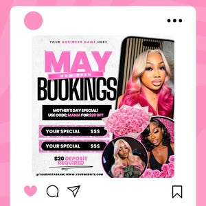 May include: Pink and white graphic with the text "MAY BOOKINGS NOW OPEN" and a Mother's Day special offer. The graphic also includes a $20 deposit required notice and contact information.