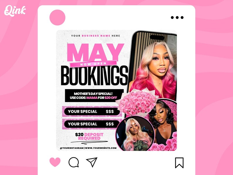 May include: Pink and white graphic with the text "MAY BOOKINGS NOW OPEN" and a Mother's Day special offer. The graphic also includes a $20 deposit required notice and contact information.