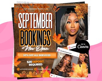 September Booking Flyer, Fall Season Booking Flyer, September Books Open, September Lash Nails Braids MUA Wig Autumn Flyer, Fall Szn Sale