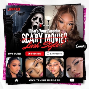 May include: A promotional graphic for Lashflix featuring a Ghostface mask, a person with long eyelashes, and the text What's Your Favorite SCARY MOVIE? Lash Style? The layout includes four smaller images of individuals wearing false eyelashes.