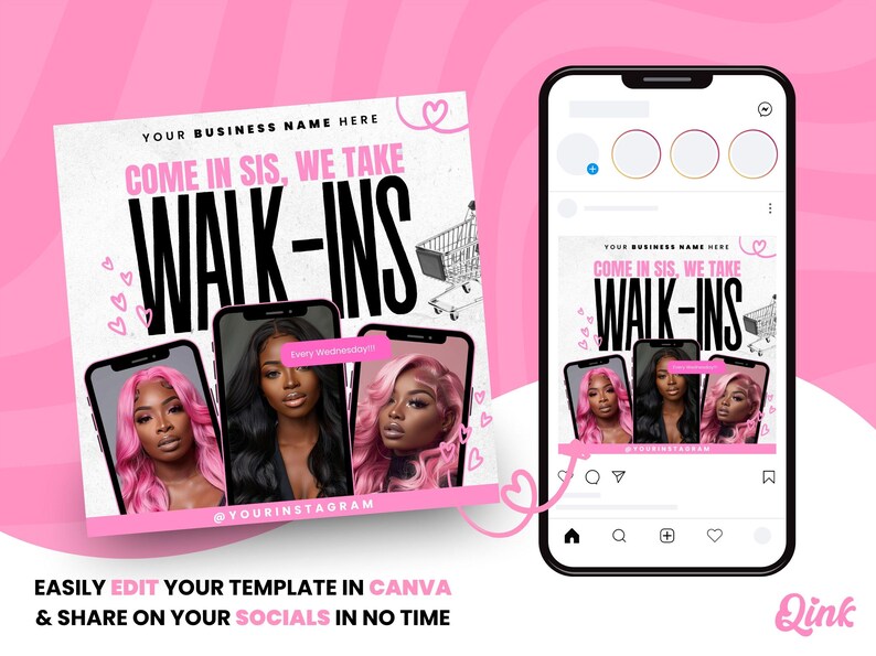 Puede incluir: Plantilla de publicaci&oacute;n de Instagram rosa y blanca con el texto "Come in sis, we take walk-ins" y tres im&aacute;genes de mujeres con cabello rosa. La plantilla incluye un icono de carrito de compras y corazones.