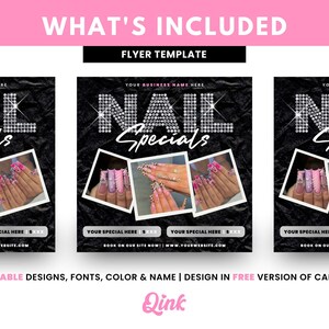 May include: A black and white flyer template for nail specials. The flyer features a large, glittery "NAIL SPECIALS" text with three photos of manicured nails. The text "YOUR BUSINESS NAME HERE" is at the top of the flyer. The flyer also includes the text "BOOK ON OUR SITE NOW! WWW.YOURWEBSITE.COM".