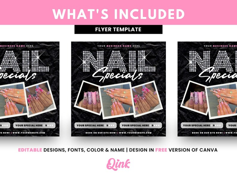 May include: A black and white flyer template for nail specials. The flyer features a large, glittery "NAIL SPECIALS" text with three photos of manicured nails. The text "YOUR BUSINESS NAME HERE" is at the top of the flyer. The flyer also includes the text "BOOK ON OUR SITE NOW! WWW.YOURWEBSITE.COM".
