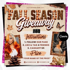 May include: A digital flyer for a Fall Season Giveaway featuring text, a black binder clip, autumn leaves, a butterfly, and two photos of individuals with long hair. The instructions include following the page, tagging friends, and Cashapp $5.