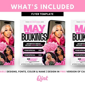 May include: A pink and black flyer template for May bookings. The flyer features a pink background with black text and a photo of a woman with long, straight hair. The text on the flyer says "May Bookings" and "Mother's Day Special! Use code: MAMA for $20 off".