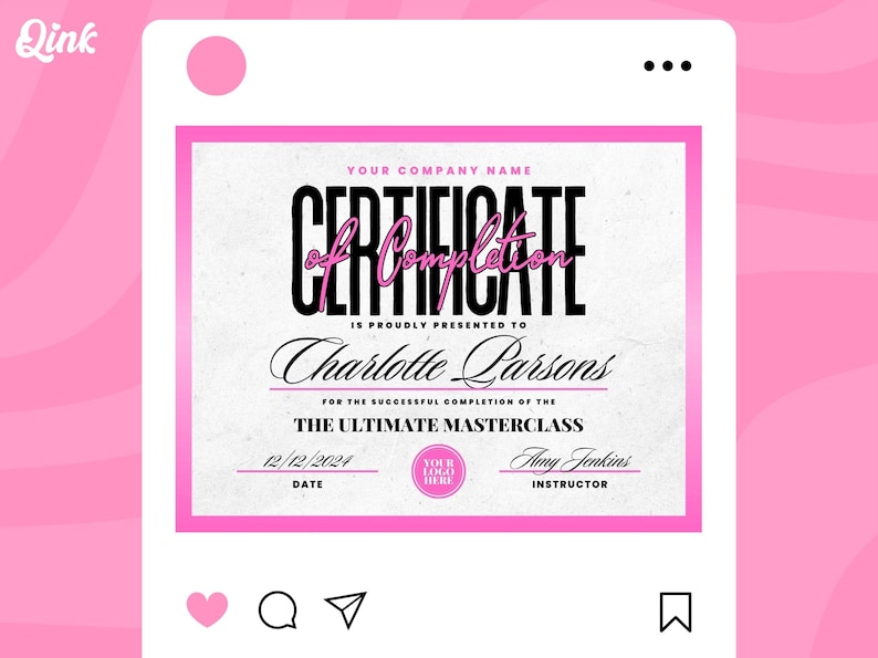 Puede incluir: Certificado rosa y blanco de finalizaci&oacute;n con el texto "Certificate of Completion" en negrita. El certificado se presenta a "Charlotte Parsons" por completar "The Ultimate Masterclass" el 12/12/2024.
