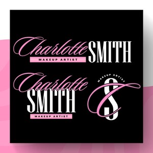 K&ouml;nnte beinhalten: Schwarz-wei&szlig;es Logo-Design mit dem Namen Charlotte Smith in einer kursiven Schriftart. Der Text "Makeup Artist" erscheint unter dem Namen in einer kleineren Schriftart. Das Logo befindet sich auf einem schwarzen Hintergrund.