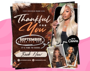 September Booking Flyer, Fall Season Booking Flyer, September Books Open, September Lash Nails Braids MUA Wig Autumn Flyer, Fall Szn Sale