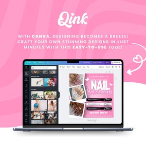 Puede incluir: La pantalla de una computadora port&aacute;til que muestra una plantilla de dise&ntilde;o de Canva para un anuncio de sal&oacute;n de manicura. El dise&ntilde;o presenta un fondo rosa con el texto "NAIL Specials" e im&aacute;genes de u&ntilde;as manicuradas. El texto "Book Now" tambi&eacute;n est&aacute; incluido.