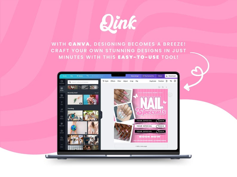 Puede incluir: La pantalla de una computadora port&aacute;til que muestra una plantilla de dise&ntilde;o de Canva para un anuncio de sal&oacute;n de manicura. El dise&ntilde;o presenta un fondo rosa con el texto "NAIL Specials" e im&aacute;genes de u&ntilde;as manicuradas. El texto "Book Now" tambi&eacute;n est&aacute; incluido.