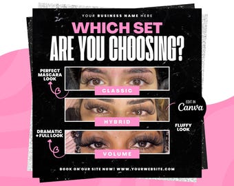 Può includere: Una grafica nera e rosa con il testo "Quale set stai scegliendo?" e quattro immagini di diversi stili di ciglia. Gli stili sono etichettati come "Look mascara perfetto", "Classico", "Ibrido" e "Volume". È incluso anche il testo "Modifica in Canva".