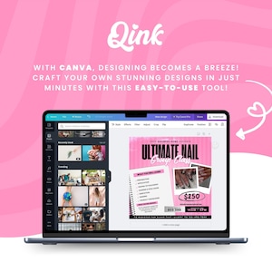 May include: A laptop screen displaying a Canva design for a nail salon class. The design is pink and black with the text "ULTIMATE NAIL Group Class" and "$250".