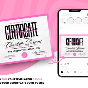Puede incluir: Una plantilla de certificado de finalizaci&oacute;n con borde rosa y texto. El certificado se presenta a Charlotte Parsons por completar The Ultimate Masterclass. La imagen tambi&eacute;n muestra un tel&eacute;fono inteligente que muestra el certificado.