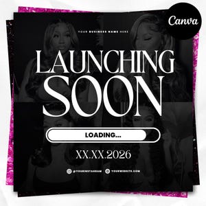 Könnte beinhalten: Schwarz-weiße Werbegrafik mit dem Text "LAUNCHING SOON" in großen weißen Buchstaben. Die Grafik enthält Bilder einer Frau und einen Ladebalken. Das Datum "XX.XX.2026" wird ebenfalls angezeigt.
