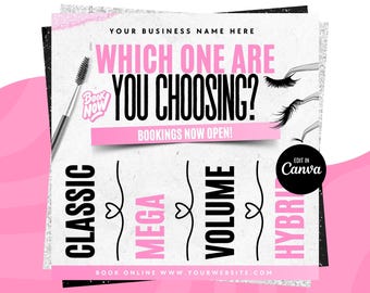 Può includere: Una grafica rosa e nera con il testo "Which one are you choosing?" e "Book Now" in un cerchio rosa. La grafica include anche il testo "Classic", "Mega", "Volume" e "Hybrid" con cuori e un design di ciglia stilizzato. Il testo "Book Online www.yourwebsite.com" è in fondo alla grafica.