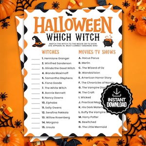 Puede incluir: Una hoja de juego de Halloween titulada Halloween Which Witch con una lista de quince brujas y quince películas o programas de televisión para emparejar. El papel blanco tiene un borde en zigzag negro y naranja, un sombrero de bruja y un caldero.