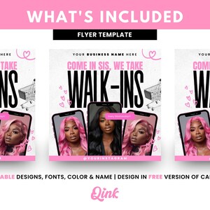 Puede incluir: Una plantilla de folleto rosa y blanco con el texto "What's Included" y "Flyer Template". El folleto anuncia citas sin cita previa para un negocio. El texto "Come in sis, we take walk-ins" aparece en el folleto. El folleto tambi&eacute;n incluye un icono de carrito de compras, corazones y un identificador de redes sociales.