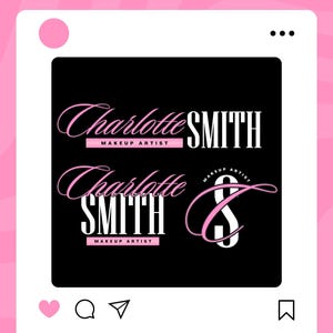 K&ouml;nnte beinhalten: Ein rosa und wei&szlig;er Instagram-Post mit schwarzem Hintergrund. Der Text "Charlotte Smith Makeup Artist" wird in einem wei&szlig;en Kasten mit rosa Umrandung angezeigt. Der Text wird in einer anderen Schriftart und einem anderen Stil mit einem rosa "C" und einem rosa "S" wiederholt.