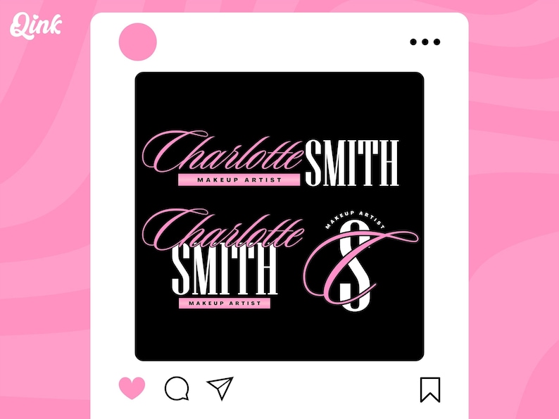 K&ouml;nnte beinhalten: Ein rosa und wei&szlig;er Instagram-Post mit schwarzem Hintergrund. Der Text "Charlotte Smith Makeup Artist" wird in einem wei&szlig;en Kasten mit rosa Umrandung angezeigt. Der Text wird in einer anderen Schriftart und einem anderen Stil mit einem rosa "C" und einem rosa "S" wiederholt.