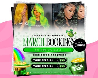 Boekingsflyer maart, St.Patricks Day-flyer, maart Books, March Madness-flyer, maart Boek nu, maart Hair, March Lashes Nails Braid MUA-flyer