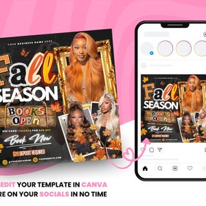 May include: A promotional graphic for autumn services, with the text "Fall Season Books Open." The design includes images of women with orange hair, autumn leaves, and a gold frame. The graphic is displayed on a smartphone and a square flyer.