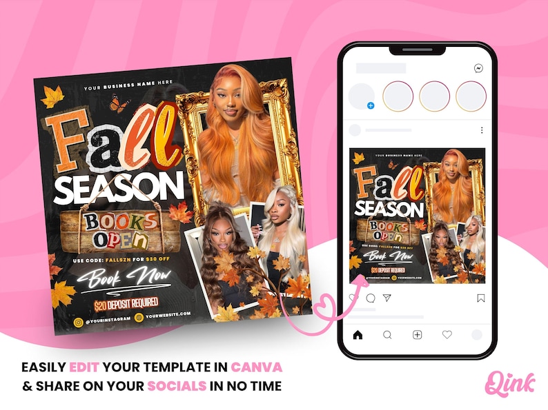 May include: A promotional graphic for autumn services, with the text "Fall Season Books Open." The design includes images of women with orange hair, autumn leaves, and a gold frame. The graphic is displayed on a smartphone and a square flyer.