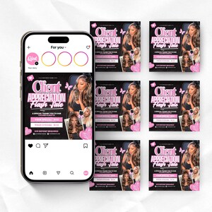 May include: An Instagram post mockup featuring a smartphone with a social media interface, showcasing a "Client Appreciation Flash Sale" advertisement. The ad includes images of a woman, pink hearts, and text.