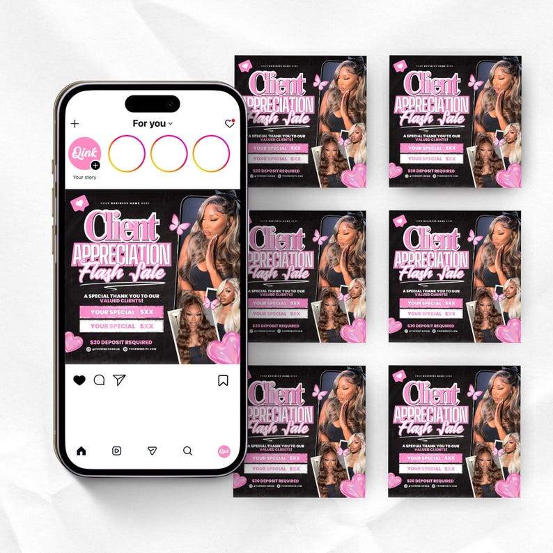 May include: An Instagram post mockup featuring a smartphone with a social media interface, showcasing a "Client Appreciation Flash Sale" advertisement. The ad includes images of a woman, pink hearts, and text.