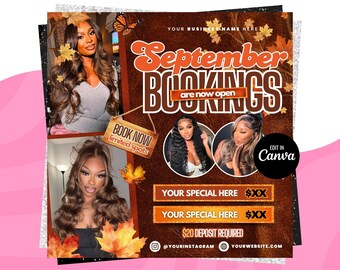September Booking Flyer, Fall Season Booking Flyer, September Books Open, September Lash Nails Braids MUA Wig Autumn Flyer, Fall Szn Sale