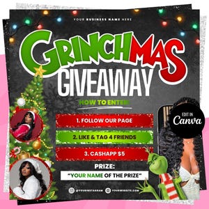 Puede incluir: Gráfico promocional para un "Grinchmas Giveaway" con un fondo oscuro y elementos festivos. El diseño incluye un árbol de Navidad, el Grinch y el texto "Grinchmas Giveaway" y "How to Enter". El gráfico también incluye el texto "Edit in Canva".