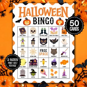 Halloweenbingo, 50 Halloweenbingokort, Halloweenspel, Halloweenfestlek för barn, Halloweenklassrumsaktivitet, Söt Halloweenaktivitet