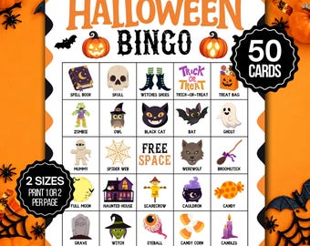Halloween Bingo, 50 Halloween Bingo Cards, Halloween Games, Kids Halloween Party Game, Halloween Classroom Activity, Cute Halloween Activity