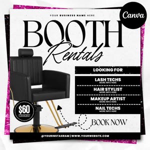 May include: Black salon chair with gold accents, featured in a promotional graphic. The text reads "BOOTH Rentals" and "Looking For" with job titles like Lash Techs and Hair Stylist. The price is $60 weekly. Includes website and Instagram handle.