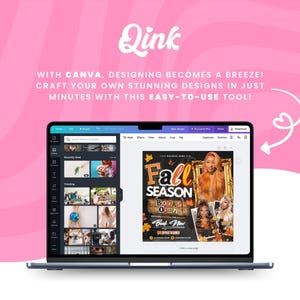 May include: A laptop screen showing the Canva design interface, set against a pink backdrop. The screen displays a "Fall Season Books Open" flyer. The text "Qink" and "With Canva, designing becomes a breeze!" are also visible.