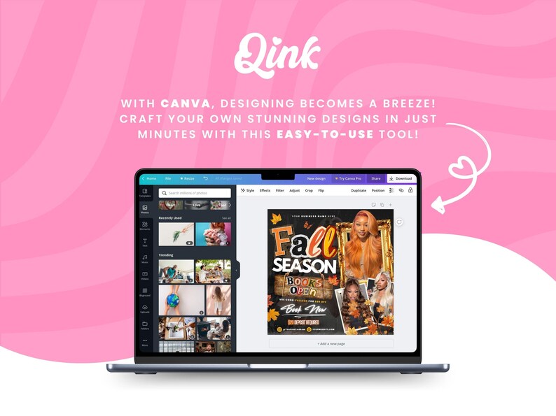 May include: A laptop screen showing the Canva design interface, set against a pink backdrop. The screen displays a "Fall Season Books Open" flyer. The text "Qink" and "With Canva, designing becomes a breeze!" are also visible.