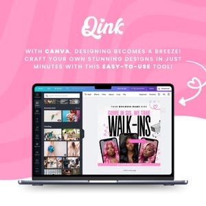 Puede incluir: Una pantalla de computadora port&aacute;til que muestra una plantilla de dise&ntilde;o de Canva para un sal&oacute;n de belleza. El dise&ntilde;o presenta un fondo rosa con el texto "Come in sis, we take walk-ins" y tres mujeres con cabello largo.