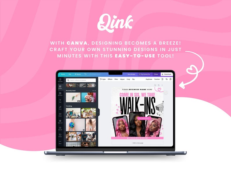 Puede incluir: Una pantalla de computadora port&aacute;til que muestra una plantilla de dise&ntilde;o de Canva para un sal&oacute;n de belleza. El dise&ntilde;o presenta un fondo rosa con el texto "Come in sis, we take walk-ins" y tres mujeres con cabello largo.