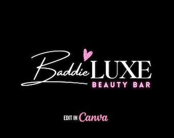 May include: A white logo with the text "Baddie LUXE BEAUTY BAR" in a cursive font. A pink heart is above the word "Baddie". The text "EDIT IN Canva" is below the logo in pink.