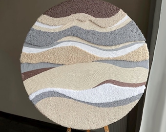 Handmade Punch Needle Wall Art, Round Beige Tapestry, 3D Texture Decor