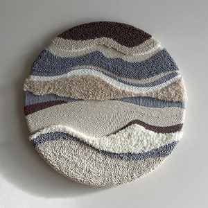 Punch needle wall art, wall hanging, textile fiber art, home decor, round canvas, biege brown white, fiber art, 3d texture wall decor
