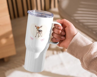Vaso Coquette Baby Deer de 25 oz - Elegante taza de viaje con asa - Bonita taza con tapa - Acero inoxidable - Accesorios de viaje para coche Bambi
