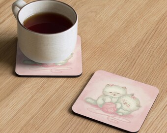 Posavasos de corcho con gatito rosa coqueto: adorable regalo para amantes de los gatos en tonos pastel, posavasos estéticos de Dollette