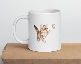 Taza de cerámica de gato naranja coqueta, adorable taza de pintura de gatito de acuarela, cocina de casa de campo, habitación bonita, decoración del hogar femenina