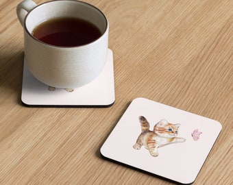 Lindo gatito y mariposa Montaña rusa Cork-back - montaña rusa de la taza del gato del núcleo de la cabaña - pintura animal adorable - decoración del hogar - gato naranja coqueta